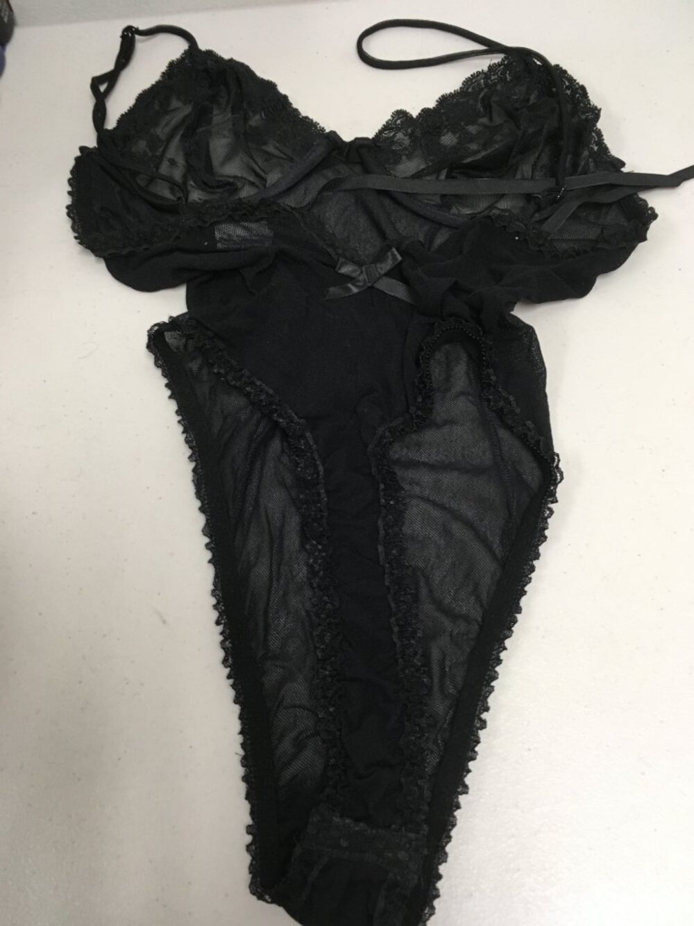 Escante lace bodysuit mesh 1 piece vintage Nwot L sheer teddi